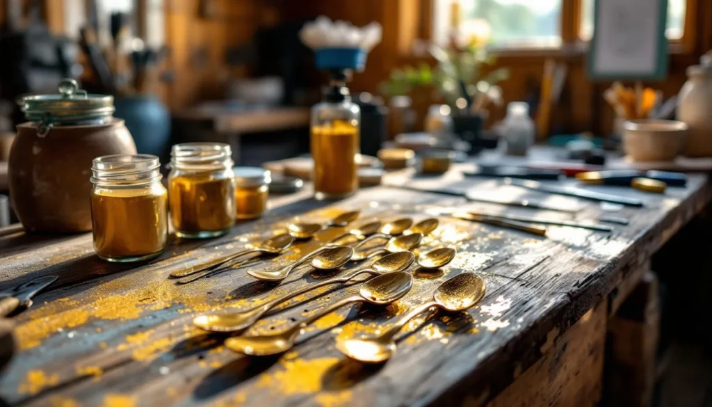 ein heimwerker zeigt kreative ideen, wie man alte löffel einfach in wunderschöne deko-goldobjekte verwandeln kann. schritt-für-schritt-anleitung für einzigartige heimdekoration.