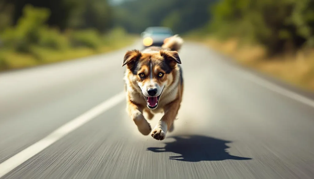 erleben sie die dramatische verfolgungsjagd eines hundes, der ohne leine oder zaun verzweifelt einem auto hinterherläuft.